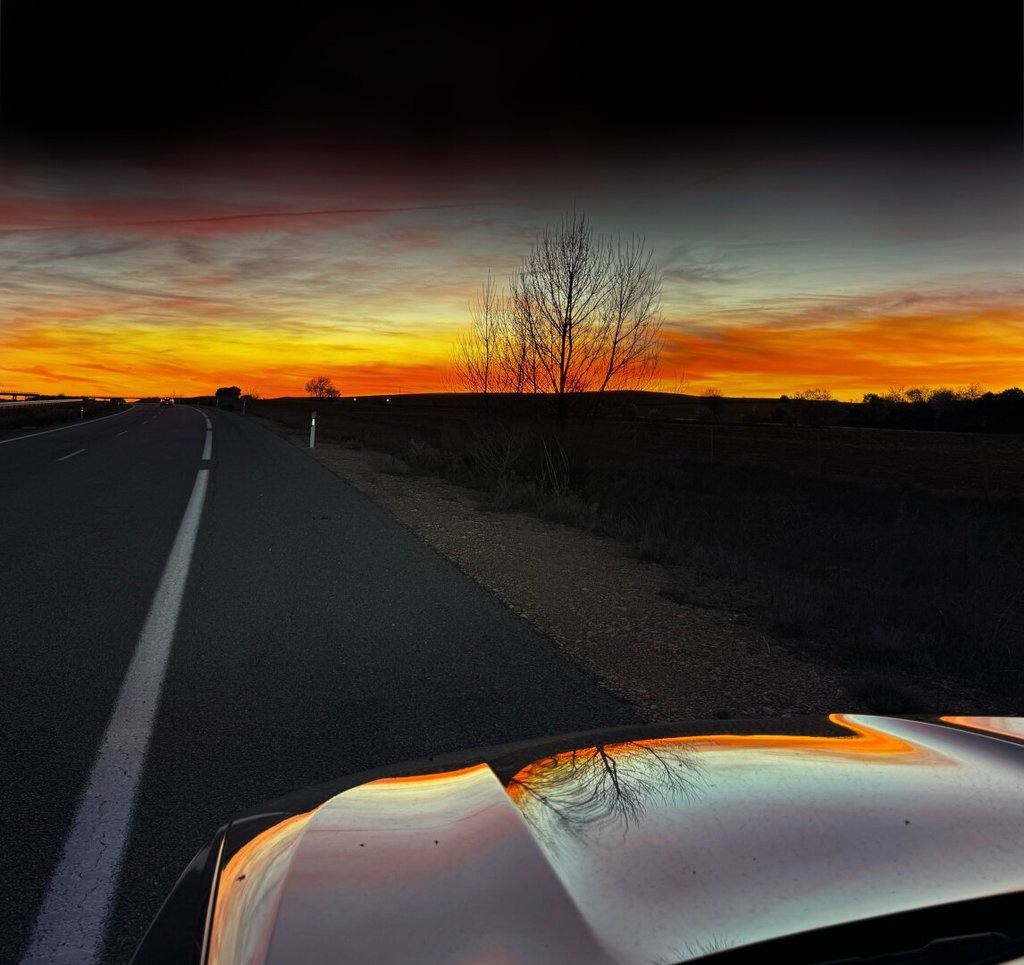 Carretera asfaltada que se interna en un horizonte naranja, las líneas blancas marcando el camino. Un árbol seco solitario en el arcén, recortado contra el cielo en llamas. El capó del coche, en primer plano, devuelve el incendio invertido. Conducir hacia el amanecer es prestarle al día tu propia velocidad.