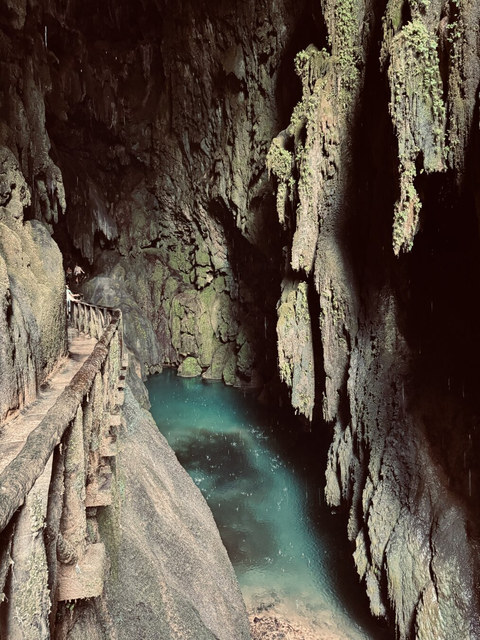 Una pasarela bordea agua turquesa entre paredes de roca cubiertas de musgo dentro de una gruta.