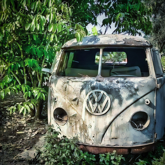 Una furgoneta Volkswagen oxidada, sin faros ni parabrisas, permanece abandonada entre árboles y vegetación densa.