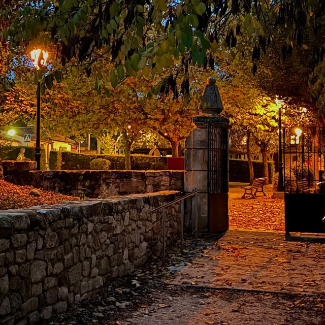 Un portón de hierro abre paso a un parque otoñal iluminado, con hojas caídas y bancos vacíos.