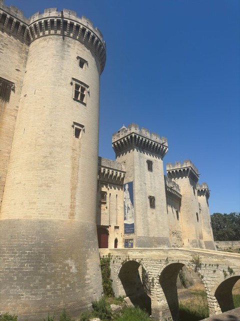 Torres cilíndricas y cuadradas del castillo de Tarascón se alzan junto a un puente de piedra sobre el foso.